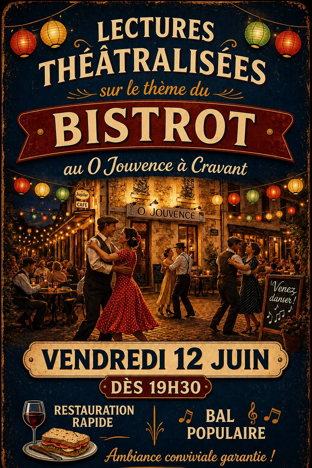 Lectures théâtralisées et bal populaire sur le thème du Bistrot + Bal populaire – Cravant (Café O Jouvence) (affiche de l’événement)