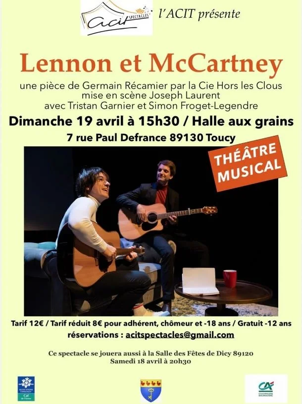 Théâtre musical : "Lennon et McCartney" de Germain Récamier par la Compagnie Hors les Clous avec Tristan Garnier et Simon Froget-Legendre – Toucy (Halle aux Grains) (affiche de l’événement)