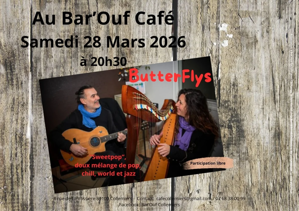 Les Butterfly's... avec Emilie Garcia (harpe électrique, contrebasse électrique et chant), Yohan Quillet ( guitare classique, électrique, saxophone soprano et chant) : De la sweetpop, doux mélange de pop, chill, world et jazz – Collemiers (Bar'Ouf Café) (affiche de l’événement)