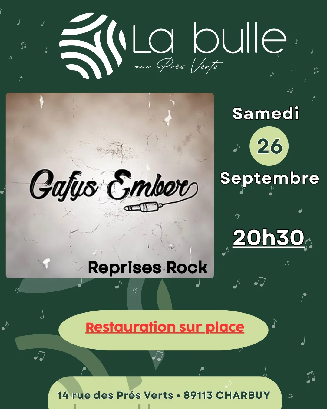 Concert : Les Gafys Ember" débarquent à la Bulle ! (reprises rock) – Charbuy (La Bulle aux Prés Verts) (affiche de l’événement)