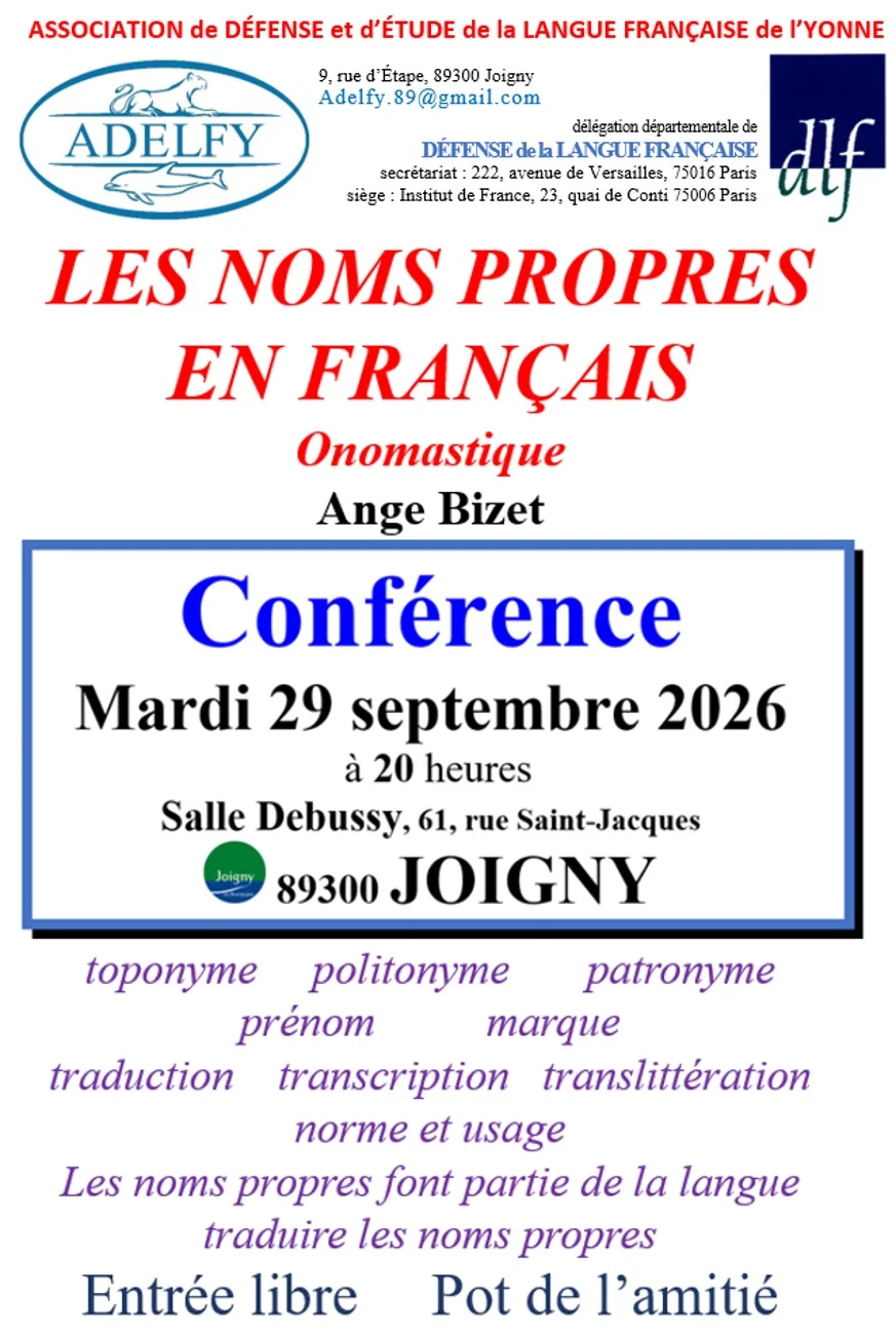 Les noms propres en français – Joigny (salle Debussy) (affiche de l’événement)