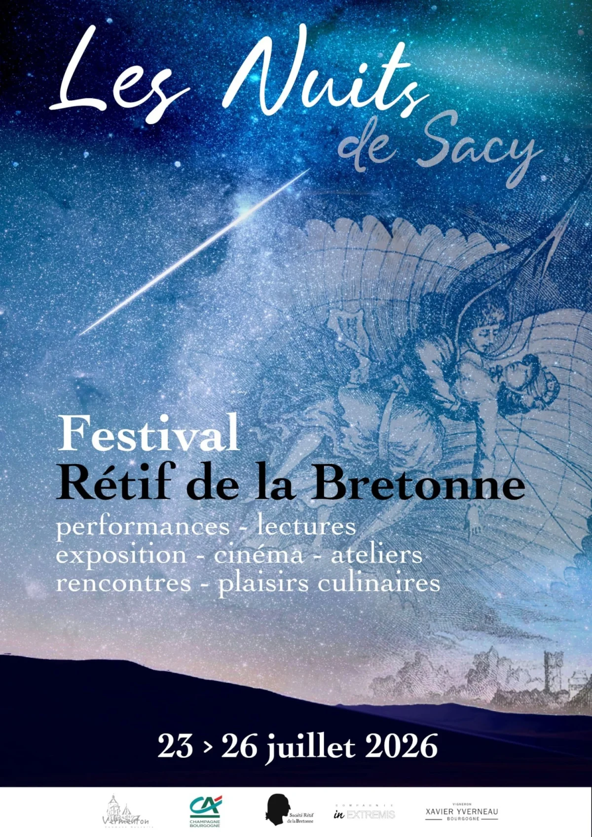 Les Nuits de Sacy / Festival Rétif de la Bretonne – Vermenton (Mairie - salle des Fêtes - Grange éphémère - Lavoir - Moulin) (affiche de l’événement)