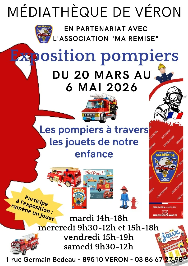 Les Pompiers à travers les jouets de notre enfance – Véron (Médiathèque Joëlle Brière) (affiche de l’événement)