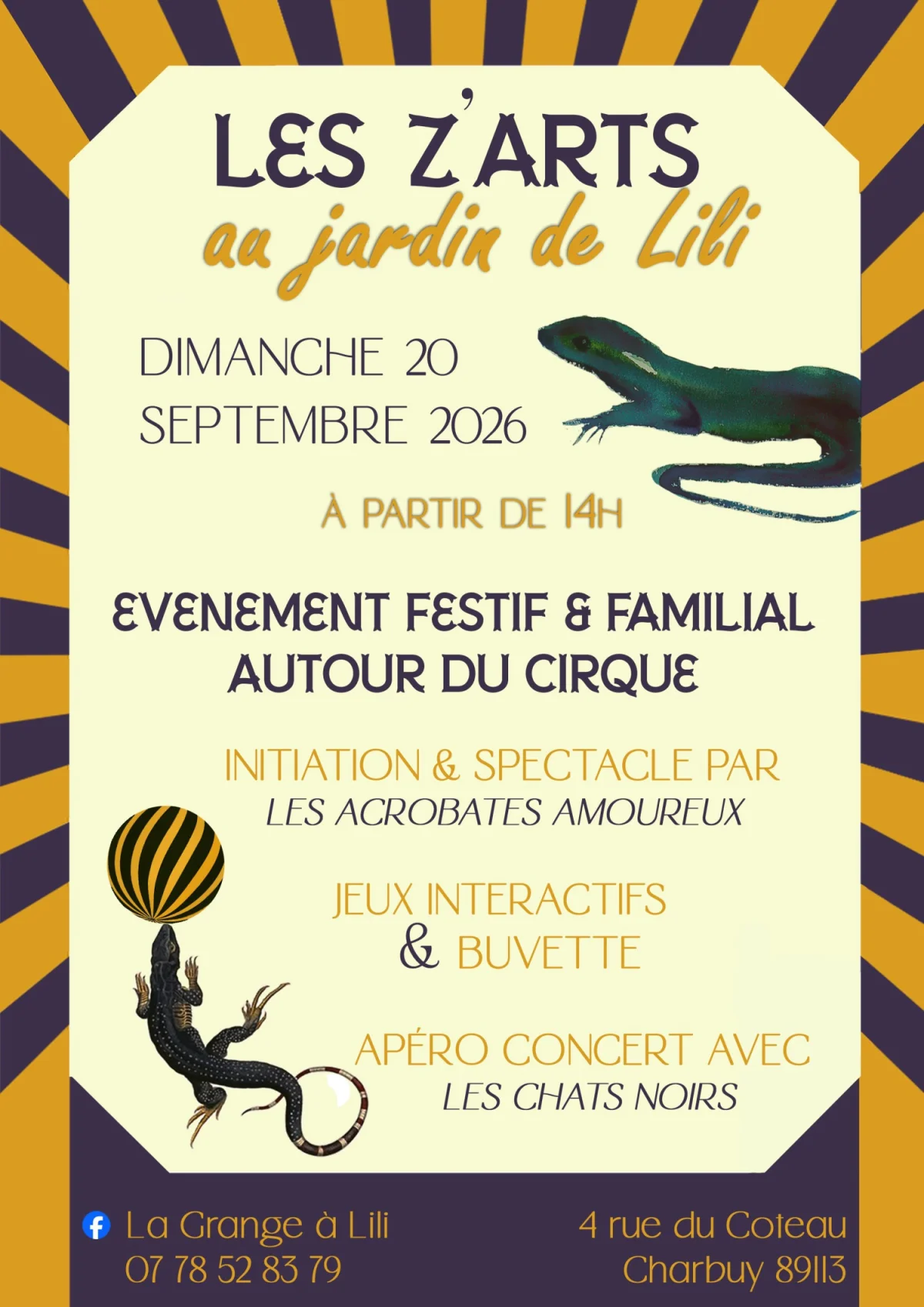 "Les Z'arts au jardin de Lili" (Evénement festif et familial autour du cirque) – Charbuy (La Grange à Lili) (affiche de l’événement)