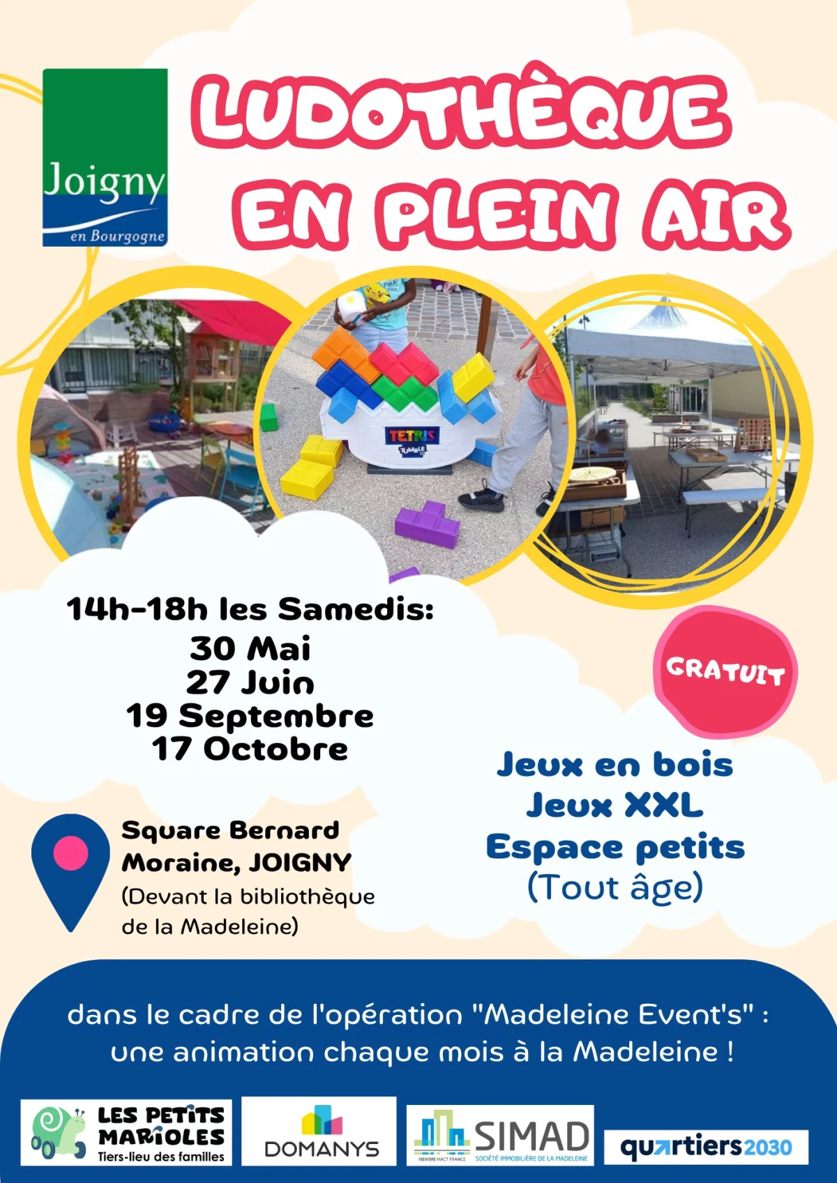 Ludothèque en plein air / Petits jeux d'eau / Jeux en bois / Jeux XXL / Espace 0-6 ans – Joigny (Square Bernard Moraine / Av de Mayen / En face de la bibliothèque la Madeleine) (affiche de l’événement)