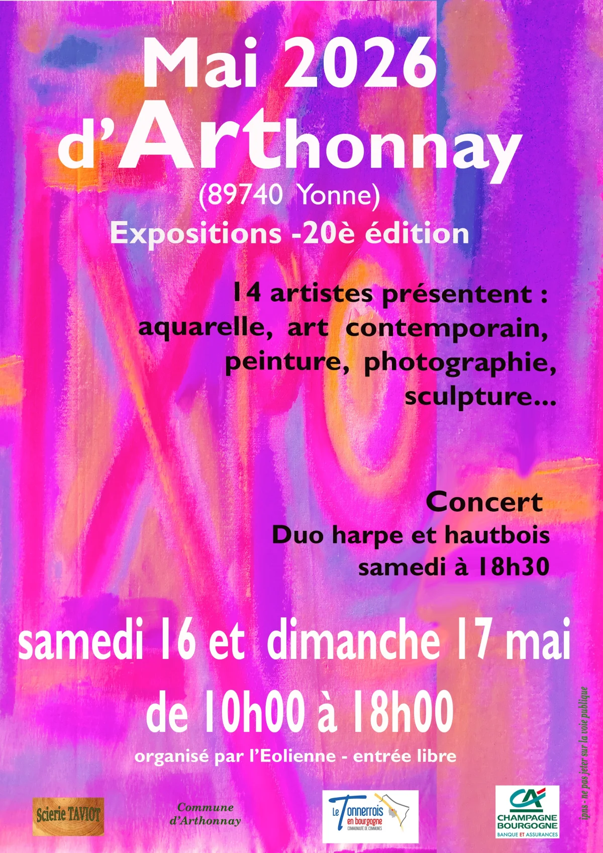 Mai d'Arthonnay (20ème édition sur 2 jours) : Expositions de 14 artistes dans les granges chez l'habitant (aquarelle, art contemporain, peinture, photographie, sculpture...) – Arthonnay (Granges et jardins) (affiche de l’événement)