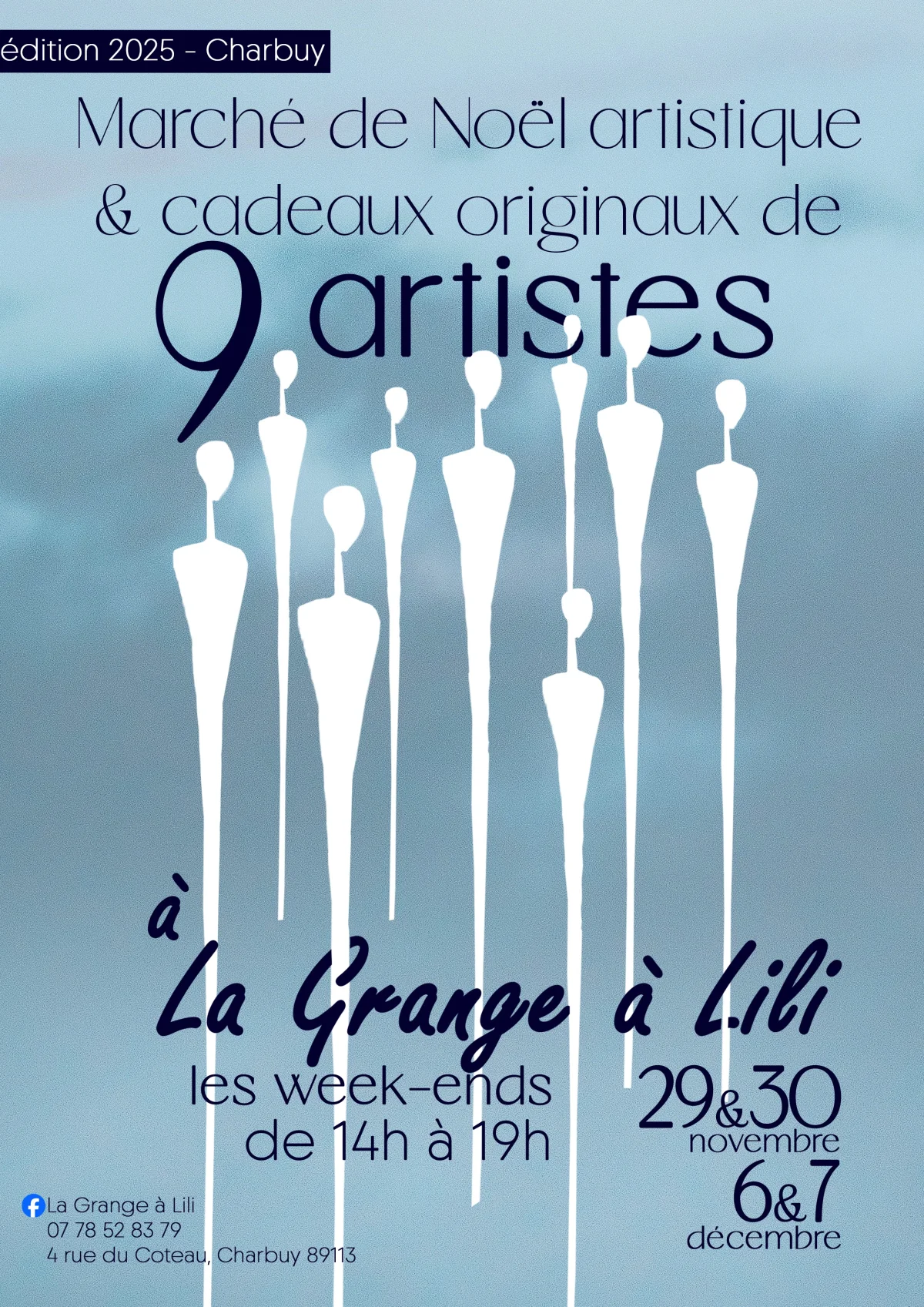 Marché de Noël artistique et cadeaux originaux de 9 artistes – Charbuy (La grange à Lili) (affiche de l’événement)