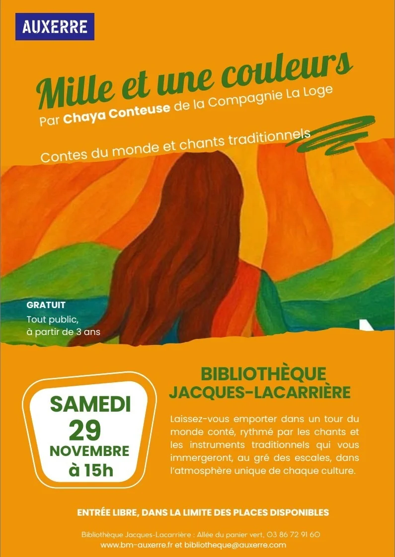 Mille et une couleurs : Contes du monde et chants traditionnels – Auxerre (Bibliothèque Jacques-Lacarrière) (affiche de l’événement)