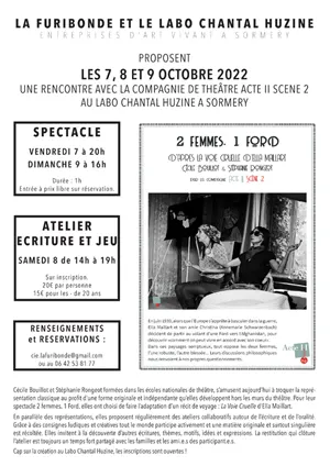 2 Femmes 1 Ford : Spectacle par la compagnie Acte II scène 2, d'après La Voie Cruelle, carnet de route d'Ella Maillart, écrit lors de son voyage vers l'Afghanistan à l'été 1939