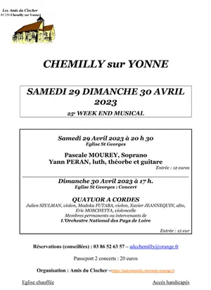 25me Week-end Musical de Chemilly-sur-Yonne : Quatuor  cordes avec Julien Szulman (violon) Madoka Futaba (violon) Xavier Jeannequin (alto) et Eric Moschetta (violoncelle) / Membres permanents ou intervenants de LOrchestre National des Pays de Loire
