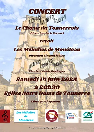 Concert : le Choeur du Tonnerrois (Direction Jack Ferrari) reçoit Les Mélodies de Monéteau (Direction Vincent Maire) avec Annie Deshayes au piano