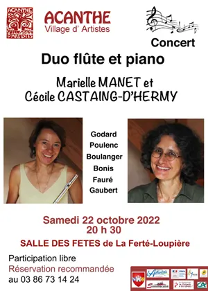 Concert : duo flûte et piano avec Marielle Manet et Cécile Castaing-d'Hermy (oeuvres de Godard, Poulenc, Boulanger, Bonis, Fauré et Gaubert)