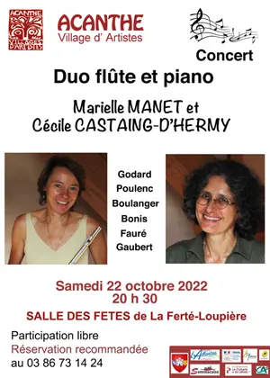 Concert : duo flte et piano avec Marielle Manet et Ccile Castaing-d'Hermy (oeuvres de Godard, Poulenc, Boulanger, Bonis, Faur et Gaubert)