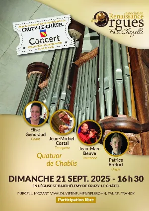 Concert avec le Quatuor de Chablis (orgue, trompette, trombone et chant / œuvres de Purcell, Mozart, Vivaldi, Vierne, Mendelssohn, Fauré, Franck)