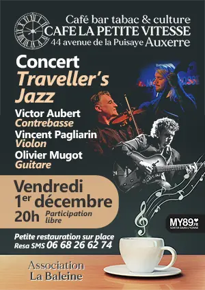 Concert de Jazz avec le trio Traveller's Jazz : Victor Aubert (contrebasse), Vincent Pagliarin (violon) et Olivier Mugot (guitare)
