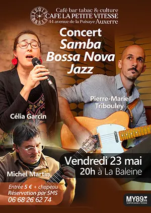 Concert Samba Bossa Nova Jazz avec Célia Garcin (chant) accompagnée par Michel Martin et Pierre-Marie Tribouley (guitares)
