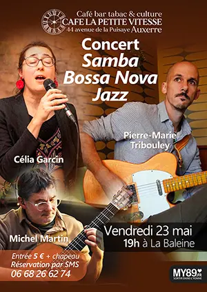 Concert Samba Bossa Nova Jazz avec Célia Garcin (chant) accompagnée par Michel Martin et Pierre-Marie Tribouley (guitares)