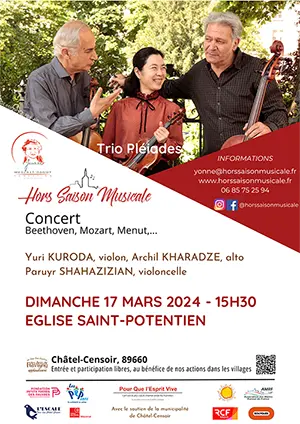 Concert Beethoven, Mozart, Menut... avec le Trio Pliades  / Yuri Kuroda (violon), Archil Kharadze (alto), Paruyr Shahazizian (violoncelle)
