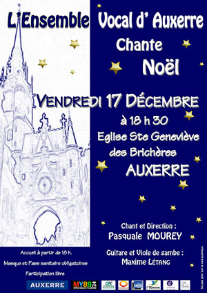 Concert (Chants de Noël) : L'Ensemble Vocal d'Auxerre chante Noël (chant et direction : Pasquale Mourey / Guitare et Viole de gambe : Maxime Létang)