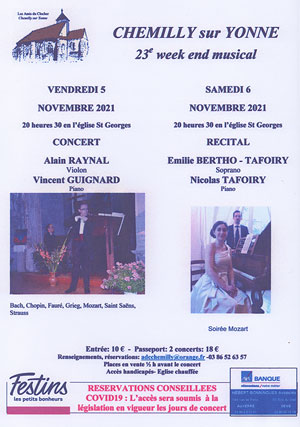 23me week-end musical de Chemilly sur Yonne : Concert violon-piano avec Alain Raynal (violon) et Vincent Guignard (piano) / Oeuvres de Bach, Chopin, Faur, Grieg, Mozart, Saint Sans, Strauss
