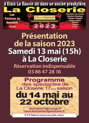 Confrence de presse : prsentation de la saison 2023 de la Closerie, extraits de spectacles en prsence des artistes sur scne ou sur cran, buffet, verre de lamiti + confrence-concert, pdagogie musicale et handicap