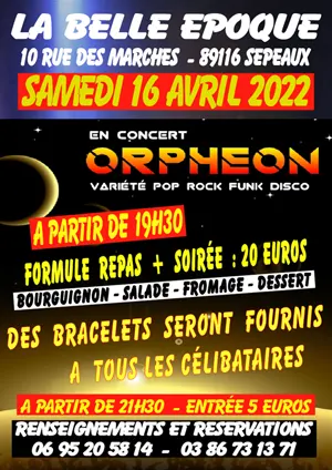 Dîner-Concert avec le groupe ORPHEON (Pop / Rock / Funk / Disco)
