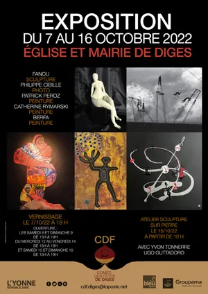 Exposition de Fanou (sculpture), Philippe Cibille (photo), Patrick Peroz (peinture), Catherine Rymarski (peinture) et Berfa (peinture) + Atelier sculpture sur pierre le 15 avec Yvon Tonnerre et Ugo Guttadoro