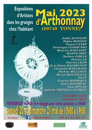 Vernissage du Mai d'Arthonnay : expositions de 19 artistes dans les granges chez l'habitant (peintres, photographes, sculpteur, cramiste...)