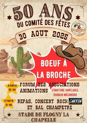 Journée Western pour les 50 ans du Comité des fêtes de Flogny-la-Chapelle + Bœuf à la broche + Forum des associations + Concert avec Canyon + Bal + Animations (structures gonflables et taureau mécanique)