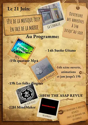 Fête de la Musique avec concerts de The ASAP Revue + Sueno Gitano + Quatuor Mp4 + Les folks dingues + MindMaker + scène ouverte, animations et jam