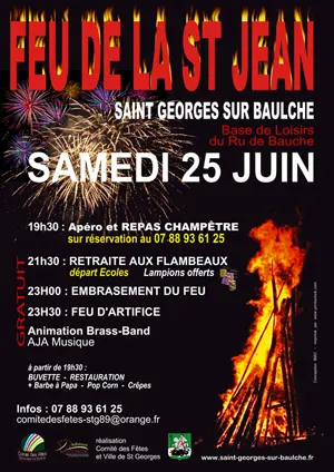 Feu de la Saint-Jean + feu d'artifice + retraite aux flambeaux (lampions offerts) + animation Brass-Band (AJA Musique) + apro et repas champtre