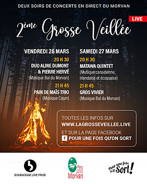 Grosse Veillée (2ème Edition) sur Facebook en live avec Aline Dumont & Pierre Hervé et Pain d'Maïs Trio
en direct sur facebook.com