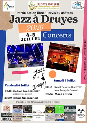 5ème édition de Jazz à Druyes : concert avec Rafael Jimenez 4tet (jazz manouche) + Shades of Jazz de l'EMDTPF avec Nicolas Couson (en 1ère partie)