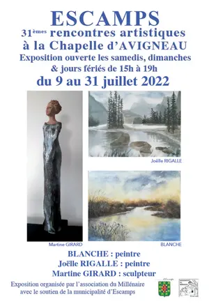 31èmes Rencontres Artistiques à Escamps : exposition de Blanche (peintre), Joëlle Rigalle (peintre) et Martine Girard (sculpteur)