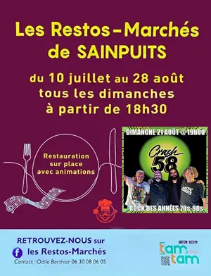 Les Restos-Marchs de Sainpuits : March de producteurs et d'artisans locaux avec concert du groupe Crash 58 (rock des annes 70s-90s) et restauration sur place