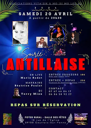 Soire Antillaise : Live avec Marie Rodet et sa Marraine Batrice Poulot + soire dansante avec DJ Terry Mixx + Repas au choix