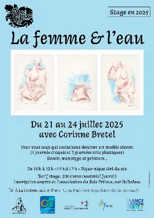Stage d’arts plastiques avec Corinne Bretel : Atelier de dessin d'après modèle vivant, monotype et peinture sur le thème de "la femme et l'eau"