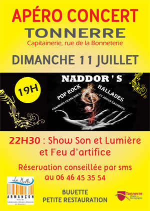 Apéro-concert avec le groupe Naddor's (pop rock) + feu d'artifice et show son et lumière