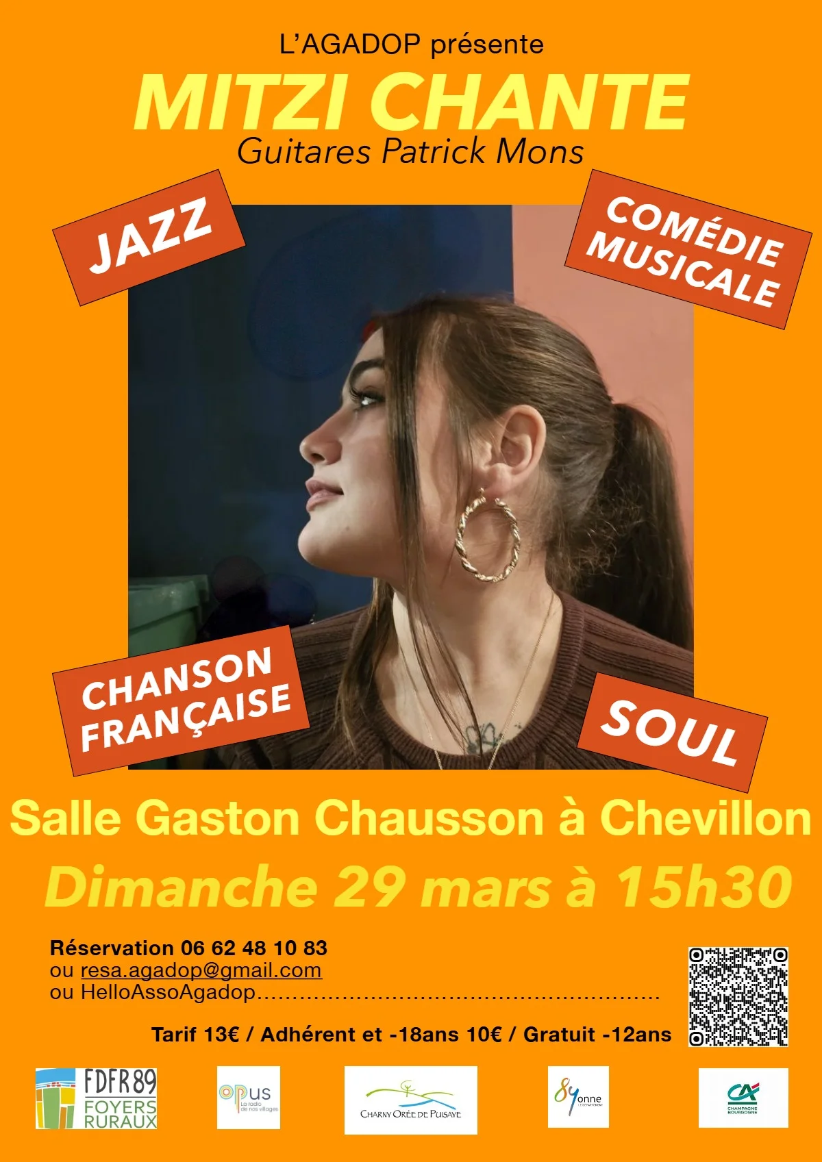 Concert : Mitzi chante (Création de La Lune et l’Océan /
Mise en jeu  et guitare : Patrick Mons / Jazz, comédie musicale, chanson française, soul) – Chevillon (Salle Gaston Chausson) (affiche de l’événement)