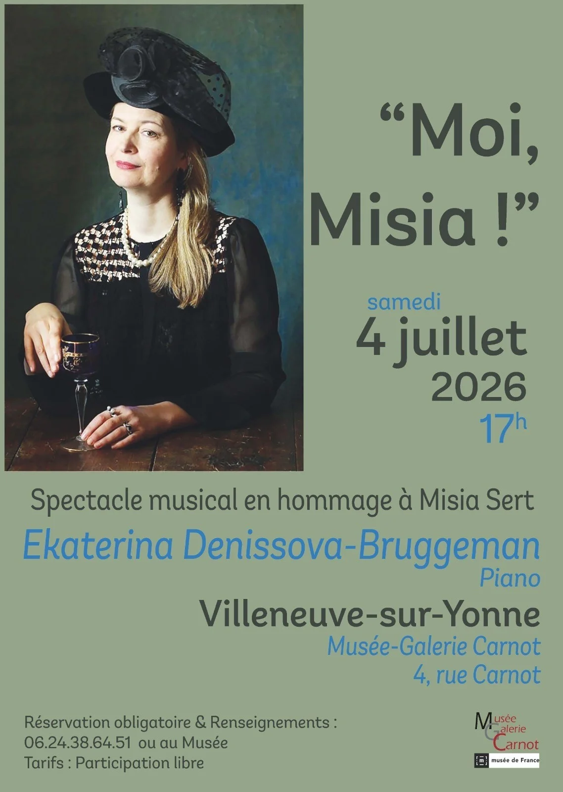 « Moi, Misia ! » Spectacle-concert en hommage à Misia Sert avec Ekaterina Denissova-Bruggeman (piano et narration) – Villeneuve-sur-Yonne (Musée-Galerie Carnot) (affiche de l’événement)