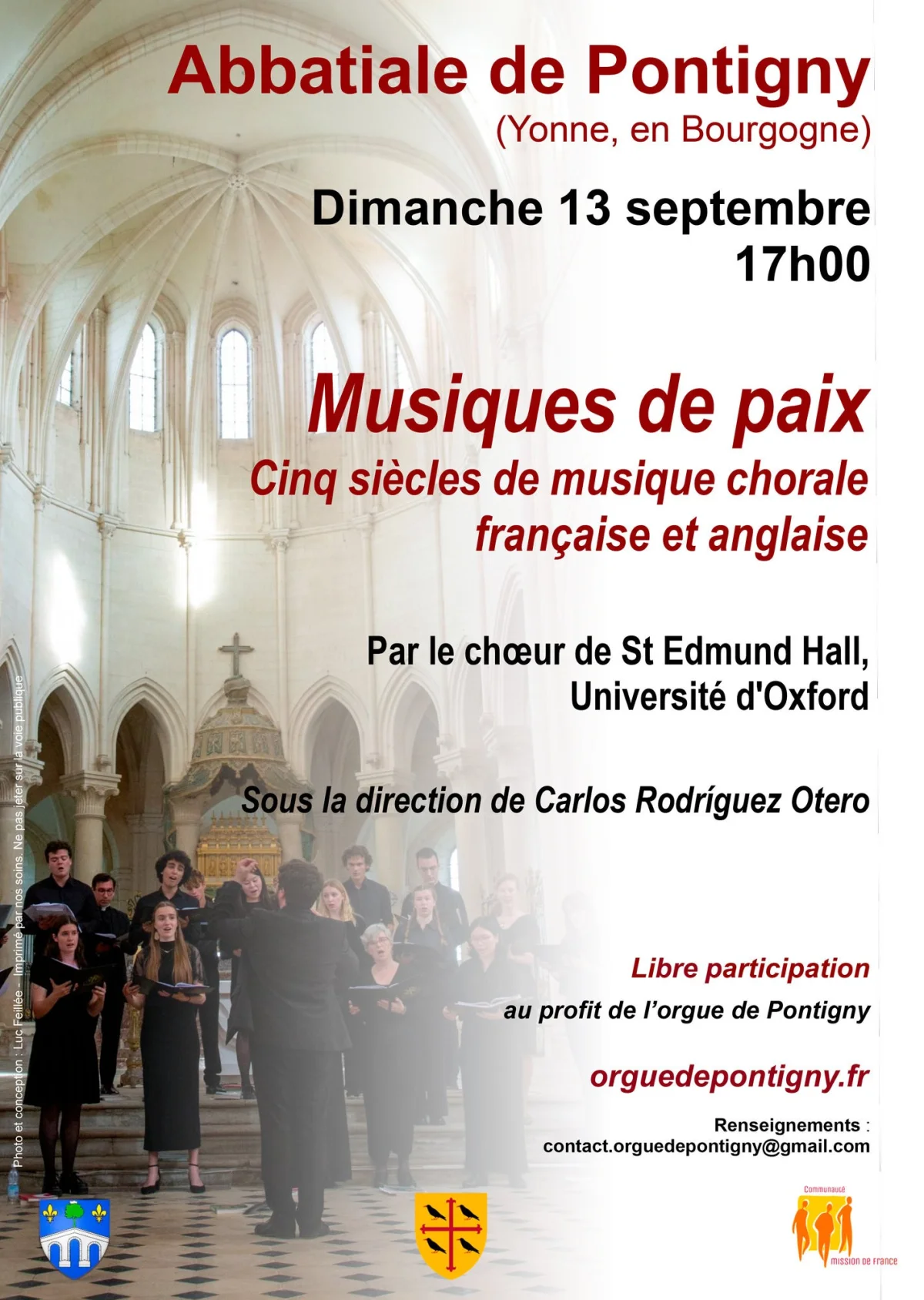 Concert "Musiques de paix" : Cinq siècles de musique chorale française et anglaise par le chœur de St Edmund Hall, Université d'Oxford sous la direction de Carlos Rodríguez Otero – Pontigny (Abbatiale de Pontigny) (affiche de l’événement)