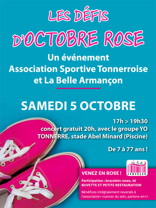 LE  DEFIS D'OCTOBRE ROSE : venez courir, nagez, faire du foot fminin, du badminton, du basket, de la gymnastique et du tennis de table + CONCERT avec Yo  20h