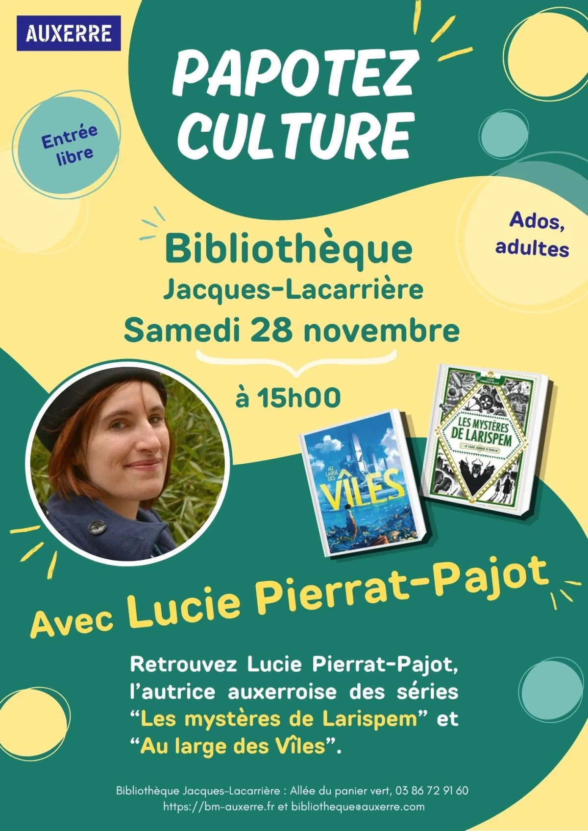 Papotez Culture avec Lucie Pierrat-Pajot – Auxerre (bibliothèque Jacques-Lacarrière) (affiche de l’événement)