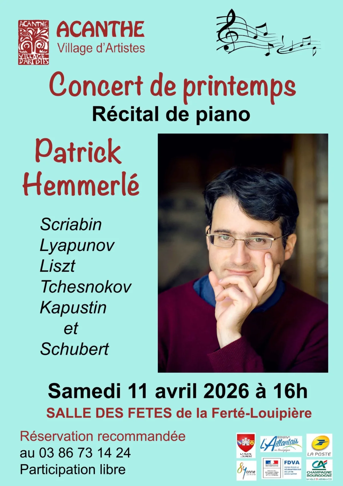 Concert de printemps : Récital piano avec Patrick Hemmerlé (oeuvres de Scriabin, Lyapunov, Liszt, Tchesnokov, Kapustin et Schubert) – La Ferté Loupière  (Salle des fêtes) (affiche de l’événement)
