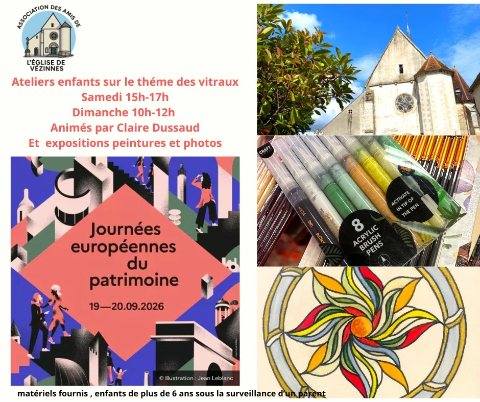 Pendant les journées du patrimoine , un atelier le samedi et le dimanche sur le thème des vitraux dans l'église. – Vezinnes (Eglise) (affiche de l’événement)