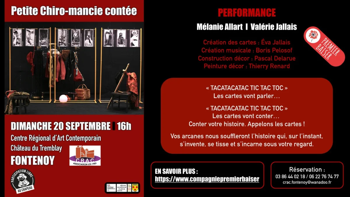 Performance / spectacle conté : Petite Chiro-mancie contée avec Mélanie Allart, Valérie Jallais et la Compagnie Premier Baiser – Fontenoy (Centre Régional d’Art Contemporain / Château du Tremblay) (affiche de l’événement)