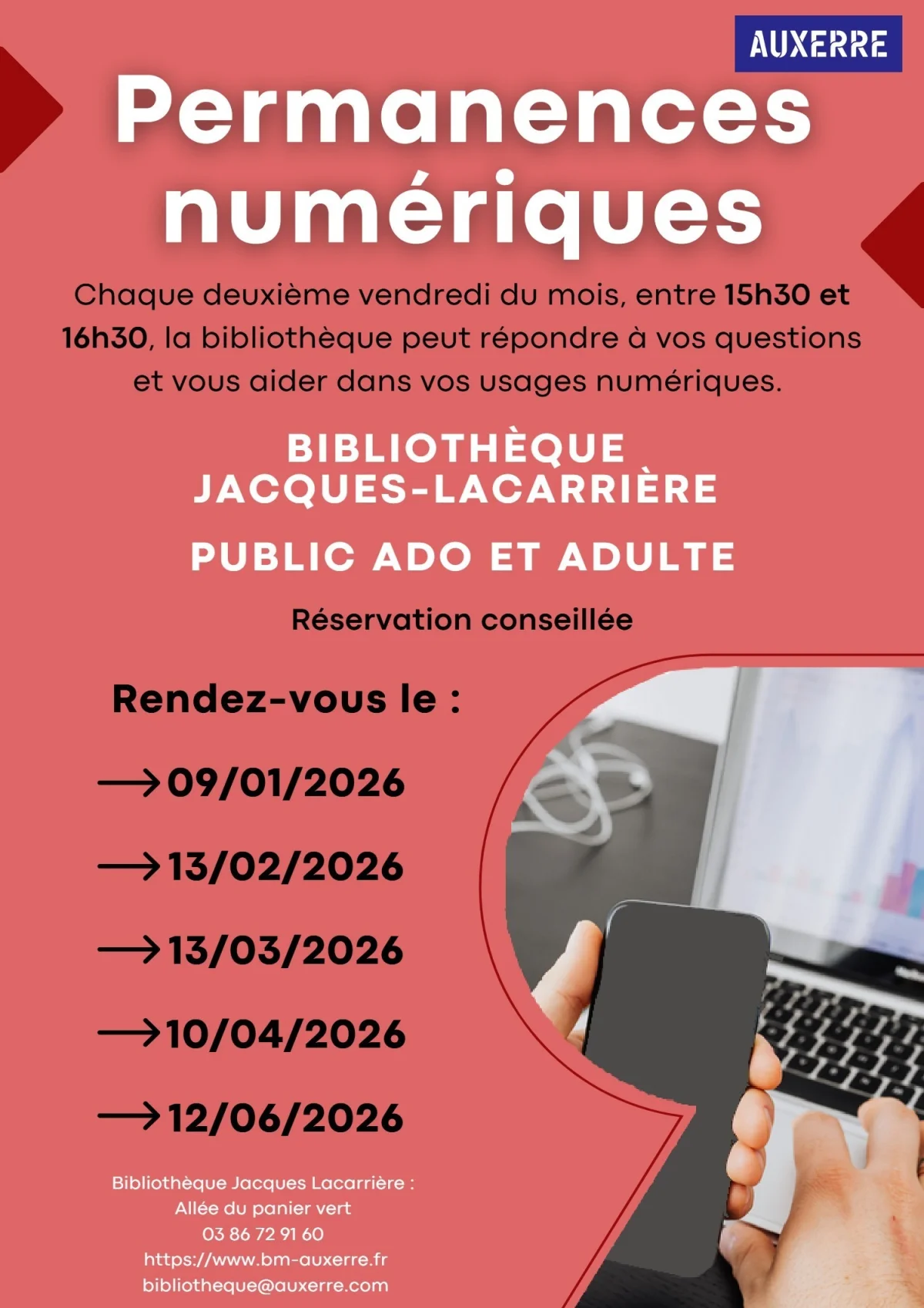 Permanence numérique – Auxerre (Bibliothèque Jacques-Lacarrière) (affiche de l’événement)