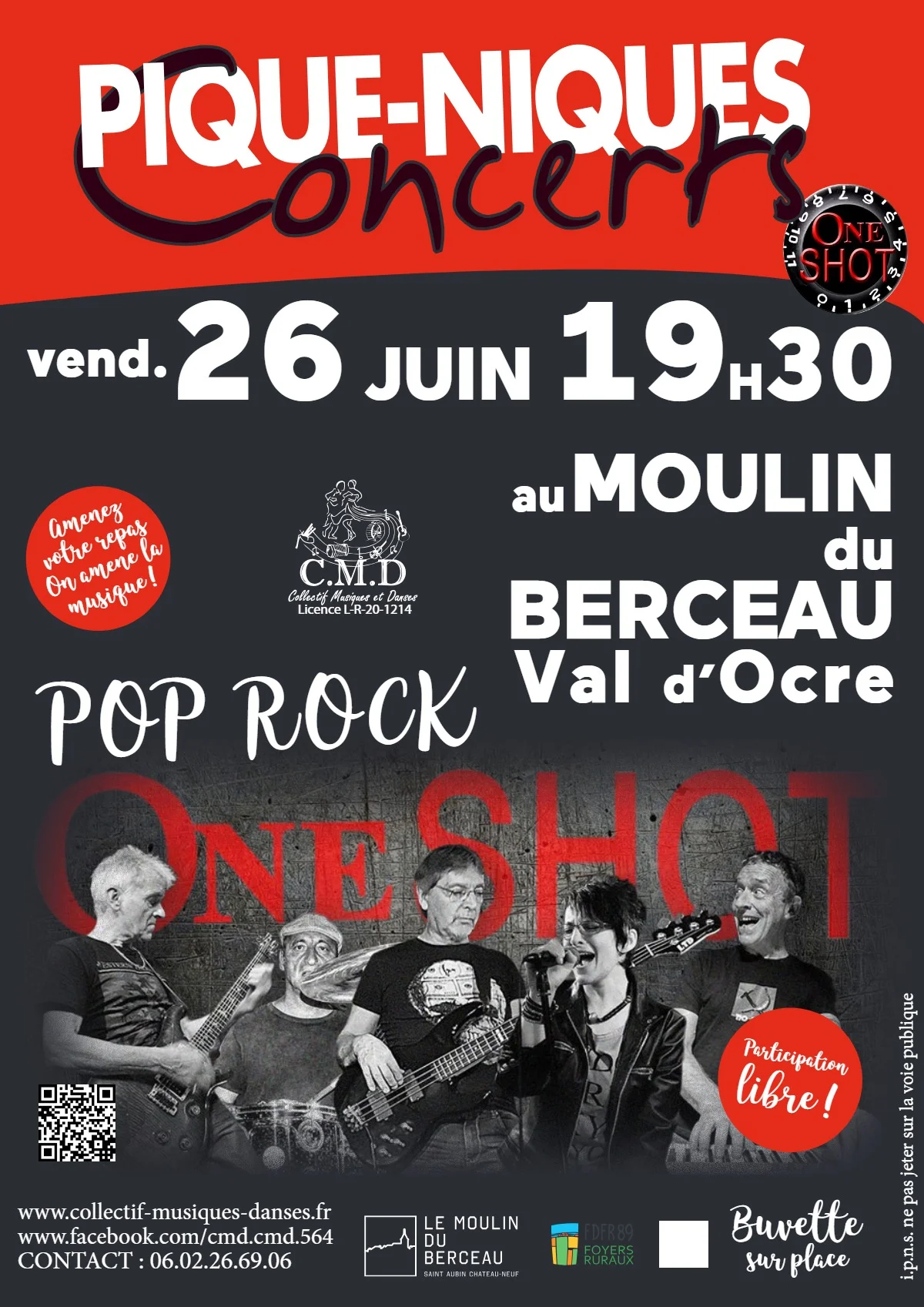 Pique-nique concert avec One Shot (reprises rock) – Saint-Aubin-Château-Neuf / Le Val d'Ocre (Moulin du Berceau) (affiche de l’événement)
