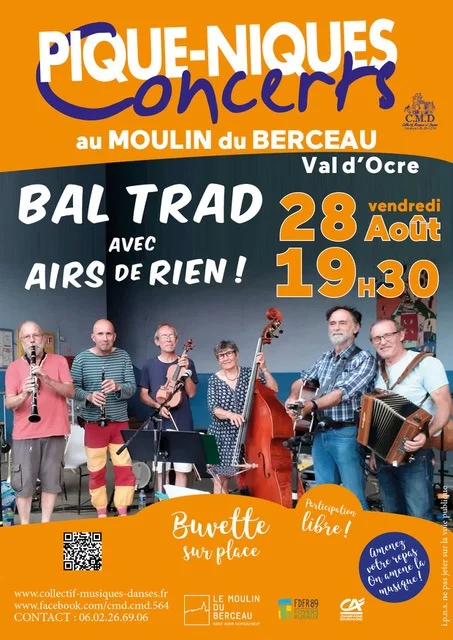 Pique-nique concert et bal trad avec Airs de Rien – Saint-Aubin-Château-Neuf / Le Val d'Ocre (Moulin du Berceau) (affiche de l’événement)