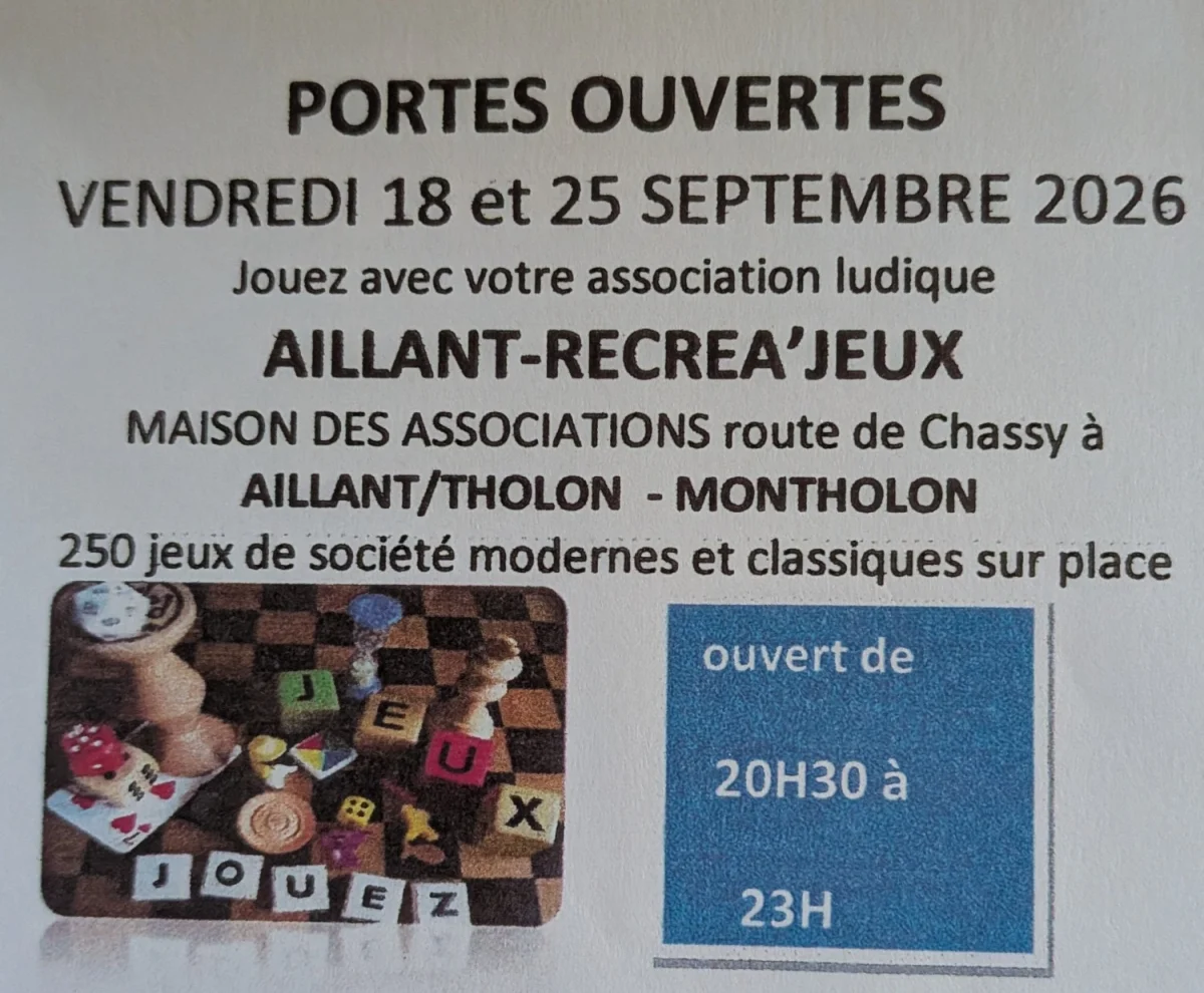 Portes ouvertes Aillant-Récréa'Jeux – Aillant sur Tholon Montholon (Maison des associations) (affiche de l’événement)